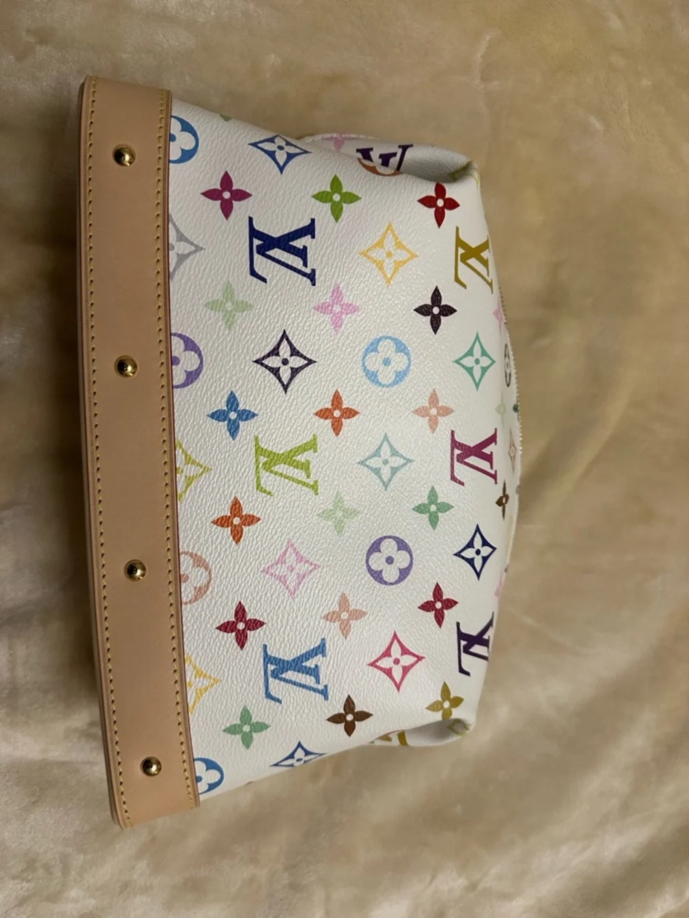 Louis Vuitton White Multicolor Monogram Cosmetic Pouch with Natural Leather Trim - Picture 3 of 10